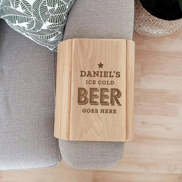 Personalised Memento Company Personalised Beer Goes Here Wooden Sofa Tray