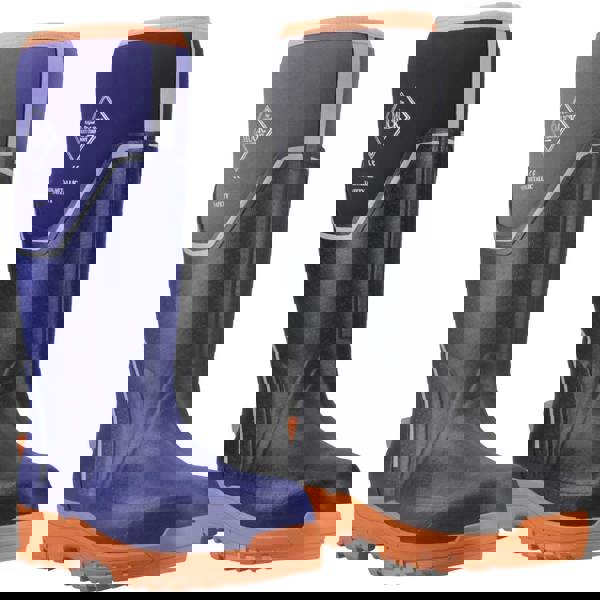 Muck Boots MUCK Boots GRIT S5 Womens Tall Safety Composite Toe/Midsole Wellie, pair of tall waterproof safety boots with orange soles and black and purple color options.