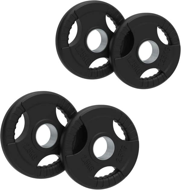 Set of four 2.5kg black rubber Olympic tri-grip weight plates with textured surfaces and easy-to-hold grips for secure handling