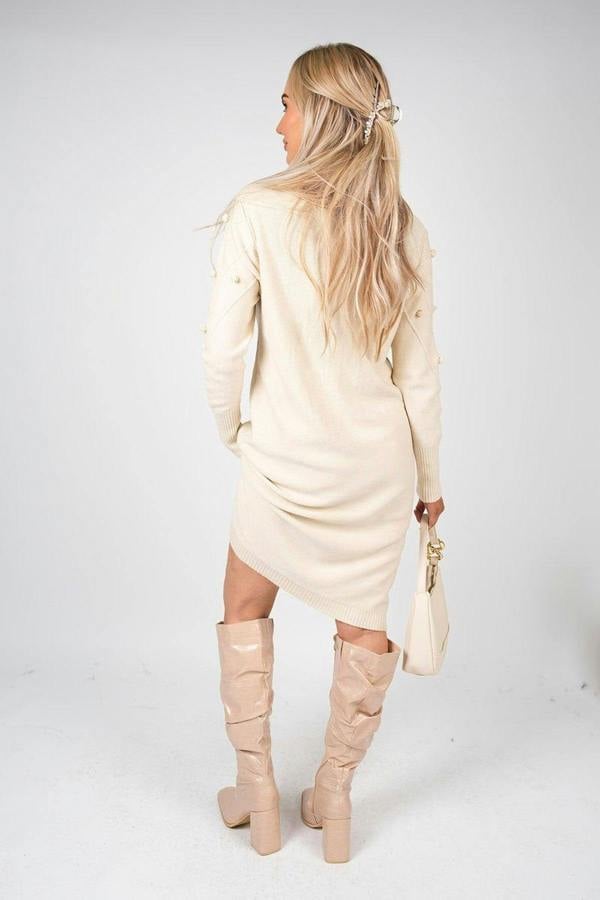 Ivanya High Neck Long Sleeve Knitted Jumper Dress With Bobble Detail - Beige