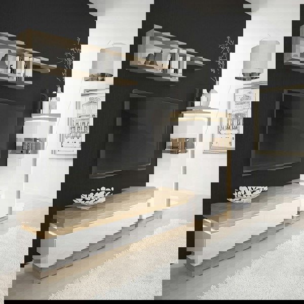 Furniture To Go Lyon 2 Drawer TV Cabinet in Riviera Oak/White High Gloss