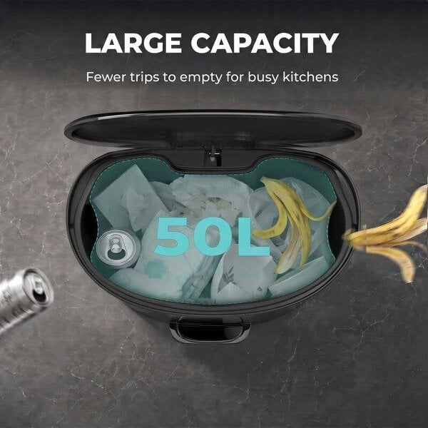 50L Kitchen Pedal Bin, Rubbish Bin with Soft-Close and Stay-Open Lid, Removable Inner Bucket, Black