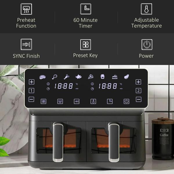 Black air fryer oven with control panel showing timer, temperature, and sync finish icons