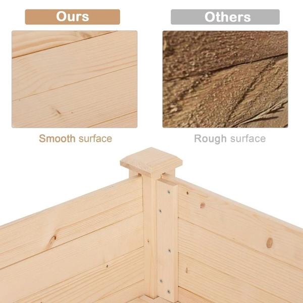 Wooden raised garden bed corner with smooth planed surface and joined timber frame