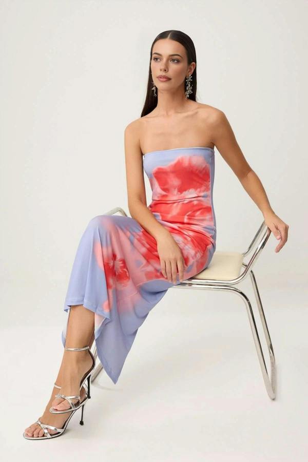 Floral Print Tulle Lined Strapless Bodycon Maxi Dress