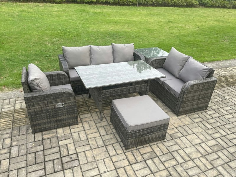 Fimous 7 Seater Garden Rattan Furniture Dining Table Sofa Set Indoor Outdoor with Reclining Chairs Big Footstool Side Table Dark Grey Mixed