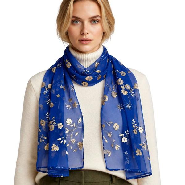 Love EMVY Ladies Sheer Floral Scarf with Gold Effect Print 180 x 70cm - Royal Blue