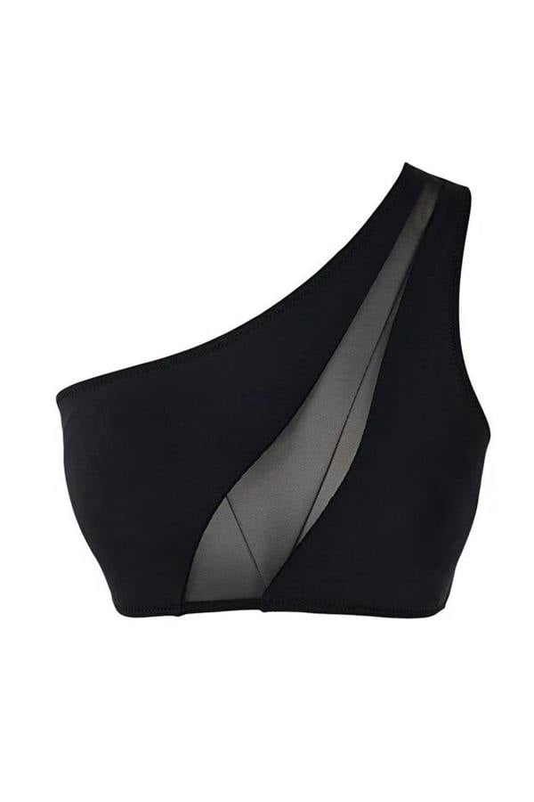 WOVCOR Mesh Detail One Shoulder Covered Bikini Top