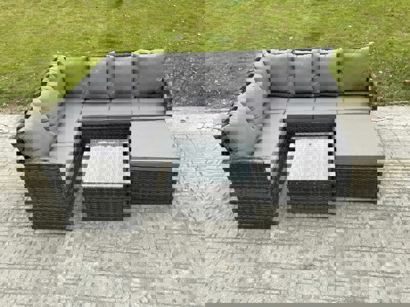 Fimous 7 Seater Outdoor Garden Furniture Set Wicker PE Rattan Corner Sofa Set with Square Coffee Table Big Footstool Dark Grey Mixed