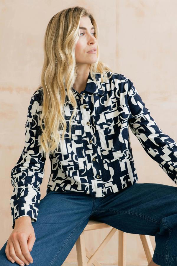 Grasslands Linen Blend Geo Print Jacket Navy