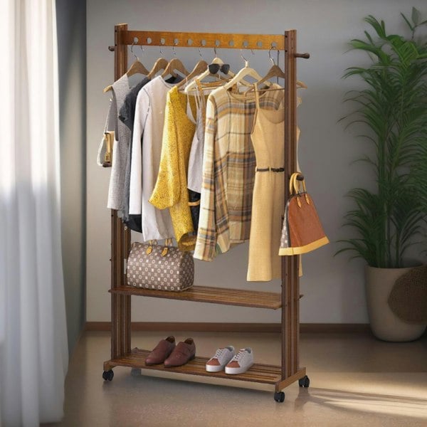 Rafaelo Mobilia Bamboo Clothes Rail With Shelves & Wheels Walnut Brown