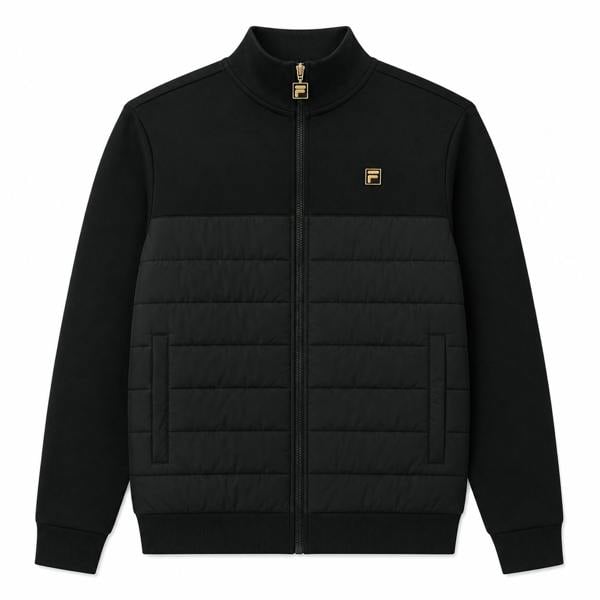 Fila Gold Oroza black jacket with a quilted padded front, stand-up collar, full zip closure, and gold logo detailing.