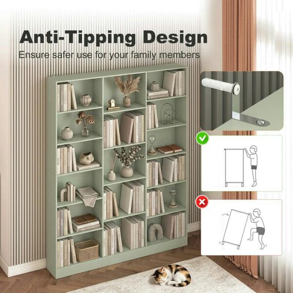 Bookcase with Open Storage, 6-Tier Bookshelf with Anti-Tipping Hardware, Light Green