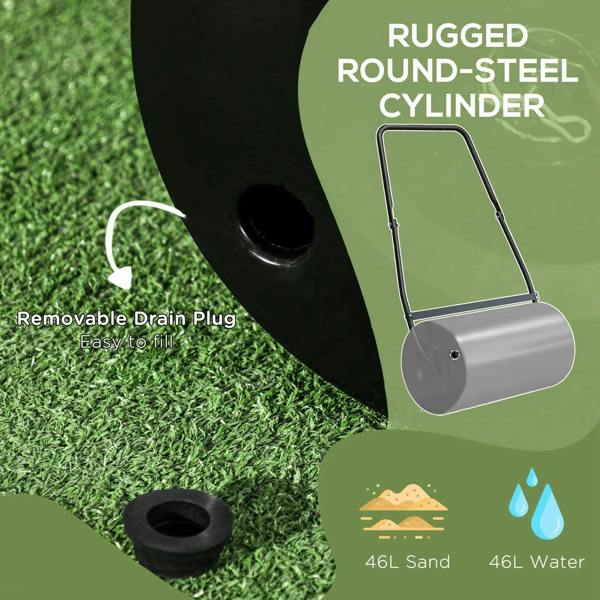 Black lawn roller with removable drain plug and rounded steel cylinder