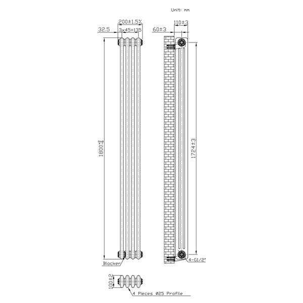 Monstershop Traditional 3 Column Radiator - 1800 x 200mm - Raw Metal
