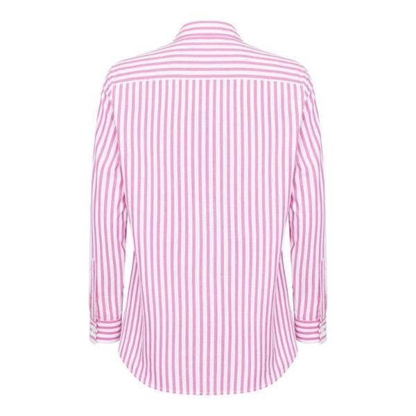 Back view of Hoggs of Fife Sophia oversized shirt showing dropped hem and vertical blue stripe design for casual countryside wear