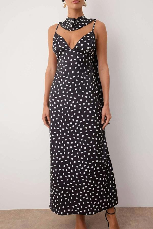 WOVCOR Scarf Detail Satin Maxi Dress with Strappy Design