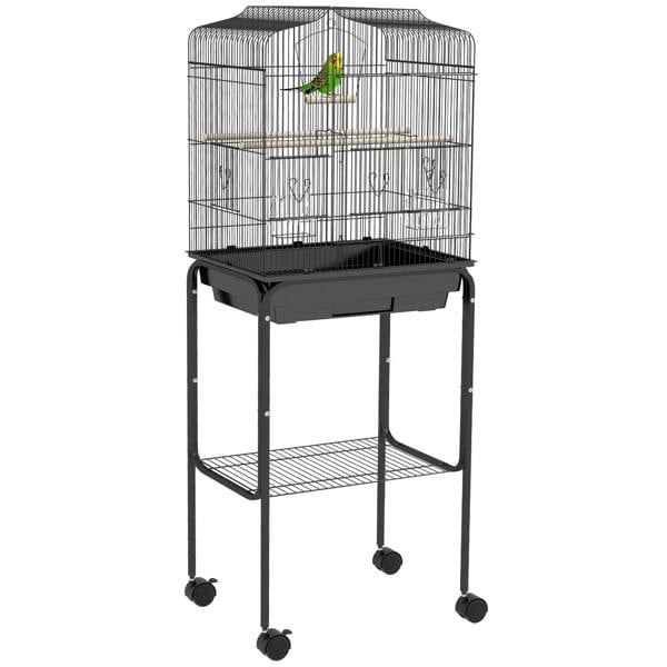 Black wire bird cage with stand, wheeled legs, slide-out tray, and lower shelf