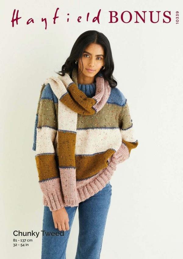 Hayfield Bonus Chunky Tweed Knitting Pattern 10339, Sweaters, Scarves for Women, 32 - 54 Inches