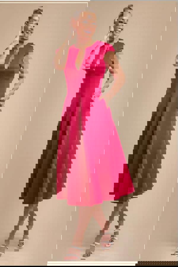 Cap Sleeve Plunging V-Neckline A-line Midi Dress - Magenta DR4540