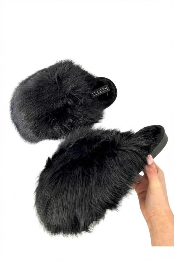 Mildred Fluffy Faux Fur Winter Sandals - Black_wb