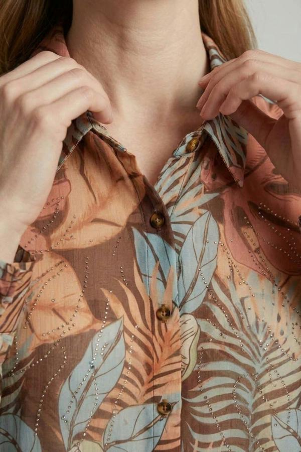 Brown | Leaf Print Long Sleeve Relaxed Shirt