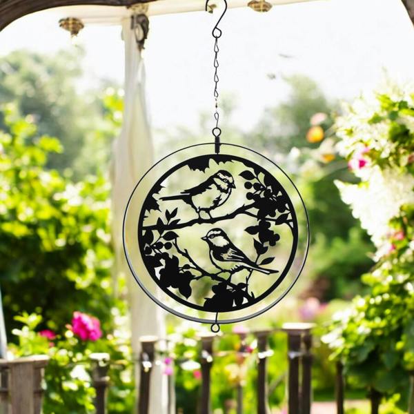 EDH Door Hardware Black Metal Blue Tit Hanging Silhouette Orbit Spinner – 39cm x 23cm | Elegant Garden & Patio Décor | Wind Spinner for Outdoor Spaces
