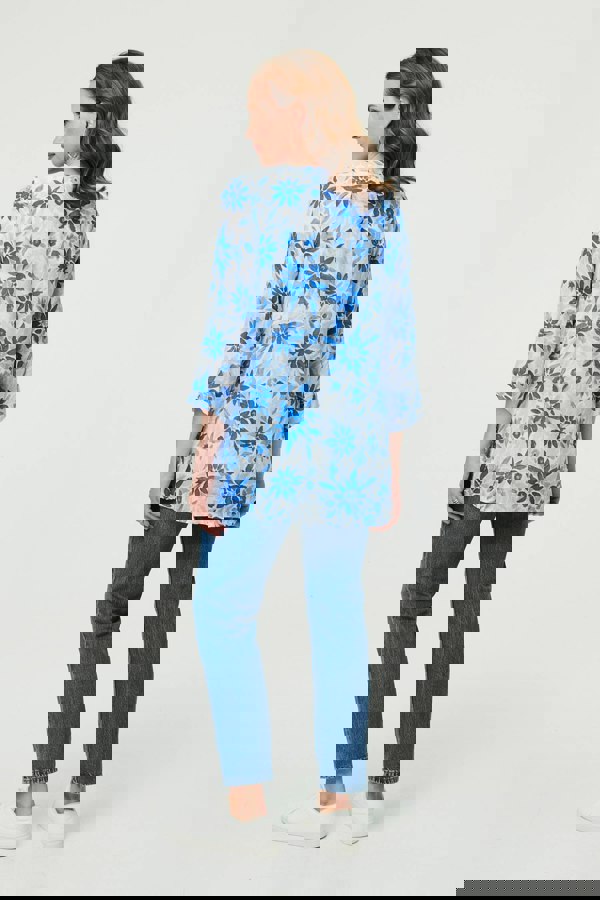 Blue | Floral Button Front Curve Hem Tunic
