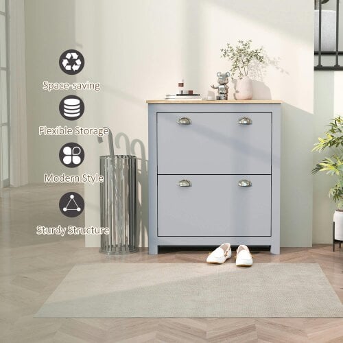 Wyld Haus Kamcha Grey and Natural Wood Narrow Shoe Cabinet With 2 Flip Drawers For 6 To 12 Pairs