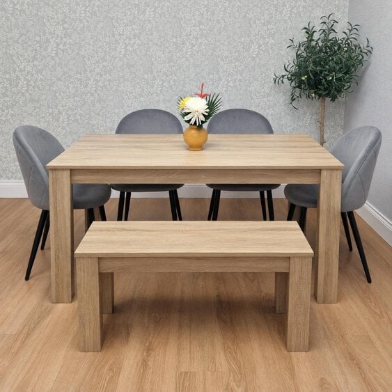 Kosy Koala Light Oak Effect Dining Table Set with 4 Grey Velvet Chairs & Bench, 140x80x75cm