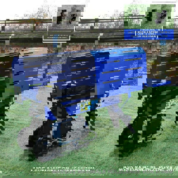 T-Mech 5T Log Splitter in blue with a sturdy design, featuring a 370mm splitting capacity and wheels for easy mobility