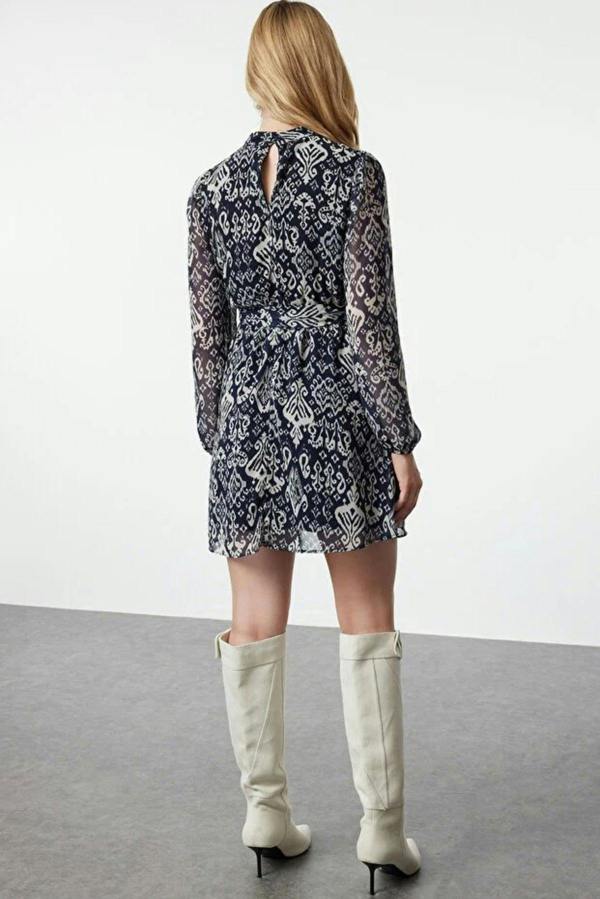 WOVCOR Chiffon Mini Woven Dress with Belted Flounce Skirt