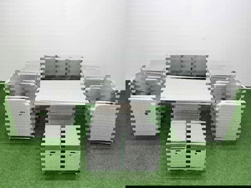 Fimous Light Grey PE Rattan Outdoor Lounge Set - Reclining Chair, Adjustable Lifting Dining/Coffee Table, 2 Side Tables & 2 Small Stools