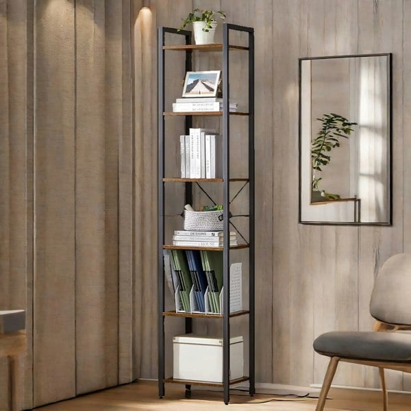 Rafaelo Mobilia 187.5CM Tall Bookcase Industrial Rustic Brown Free-Standing