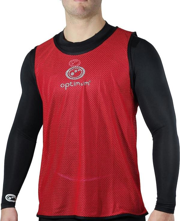Red mesh Optimum training bib worn over black long-sleeve top by model, logo on chest, front view - Optimum
