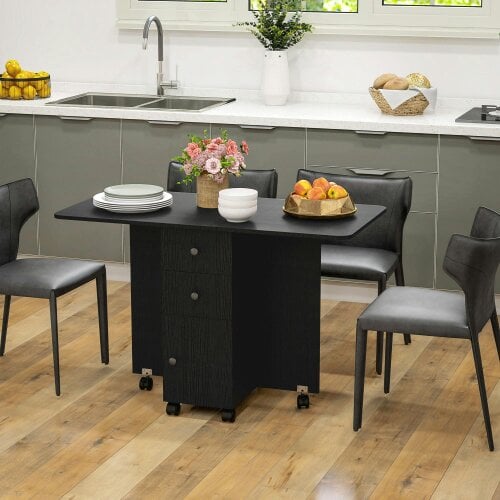 Wyld Haus Midile Wooden Distressed Black Drop Leaf Dining Table With Storage Seating 6