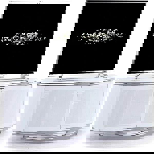 MDA Designs LUNA Gloss White Oval Cabinet with White Profiles White BeamThru Glass Doors Suitable for Flat Screen TVs up to 50"