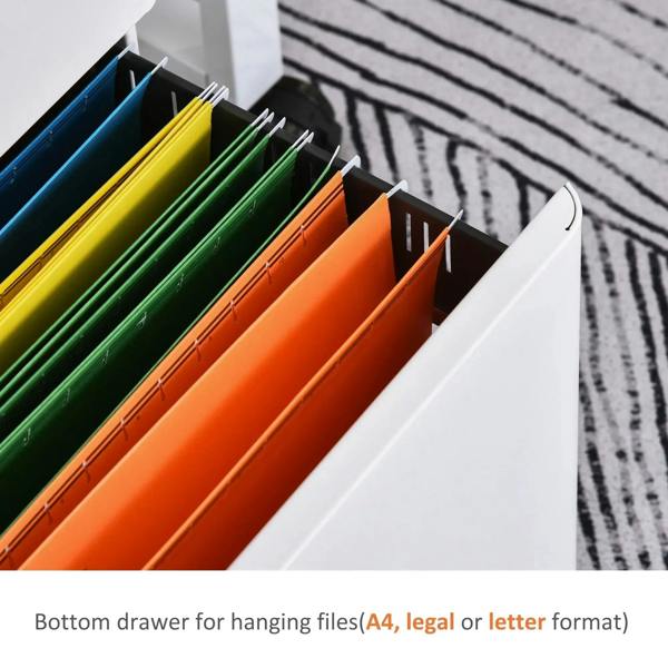 White drawer compartment with colorful file folders inside a rolling cabinet
