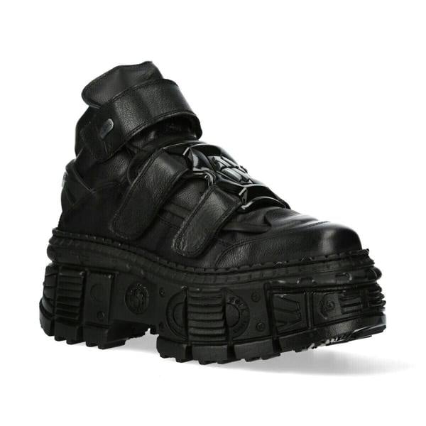 New Rock Metallic Ankle Black Leather Boots-WALL285-S2