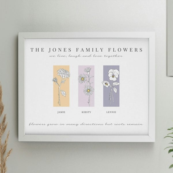Personalised Memento Company Personalised Birth Flower Family of 3 White Framed Print
