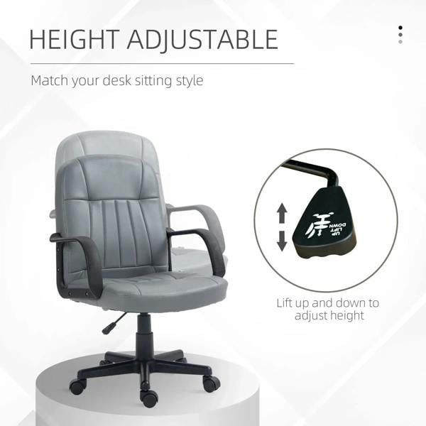 Grey desk chair with adjustable height feature and padded backrest with armrests