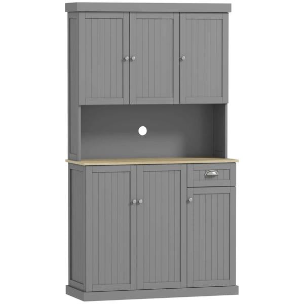 Freestanding grey kitchen cabinet with 6 doors, drawer, and open counter section