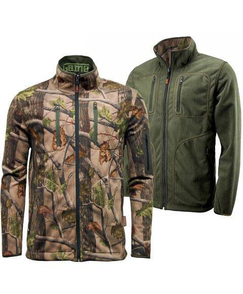 Game Pursuit HB211 reversible hunting jacket with camouflage and olive side by side view