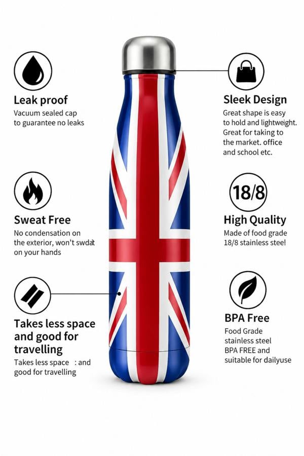 Dyzi 500ml Stainless Steel Water Bottle Leak Proof Union Jack