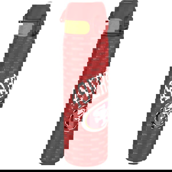 A red water bottle, displaying the 49ers logo and repeating "49ers Faithful," sits against a white background.