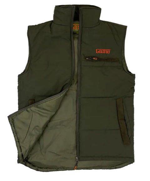 Game Vantage Gilet in Olive showing lightweight padded design