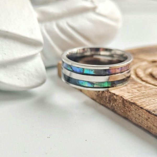 The Colourful Aura 8mm Stainless Steel Unisex Wedding  Sea Shell Silver Ring Bands