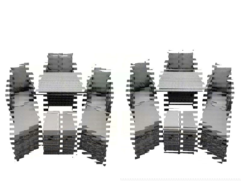 Fimous 8 Seat Outdoor Wicker PE Rattan Garden Furniture Set Dining Table Sofa Sets with 4 Stools Dark Grey Mixed