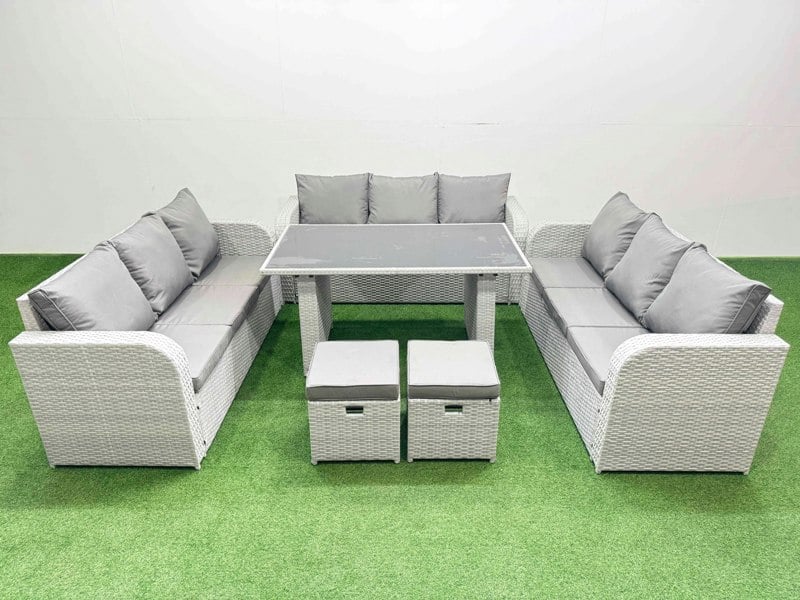 Fimous Patio Garden Furniture Sets with Black Glass Top Dining Table 3 Seater Sofa 2 Small Stool Light Grey