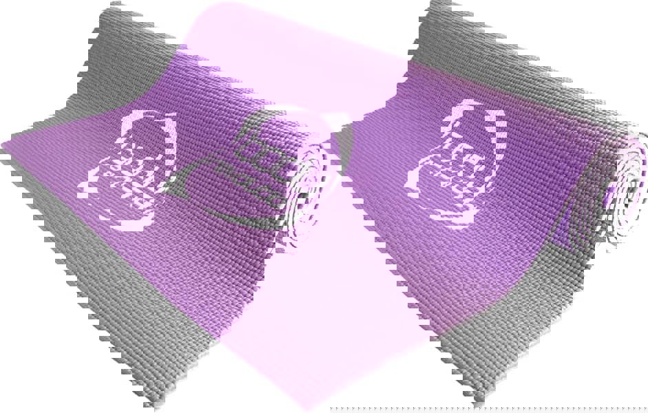 Purple yoga mat with a textured surface, featuring a logo, ideal for comfortable and stable workouts or meditation sessions